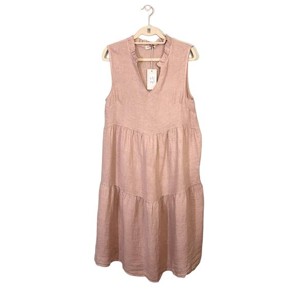 Le Ragazze Dress Neutral Brown Linen Sleeveless V Neck Ruffle Tiered Small NWT - Picture 1 of 11